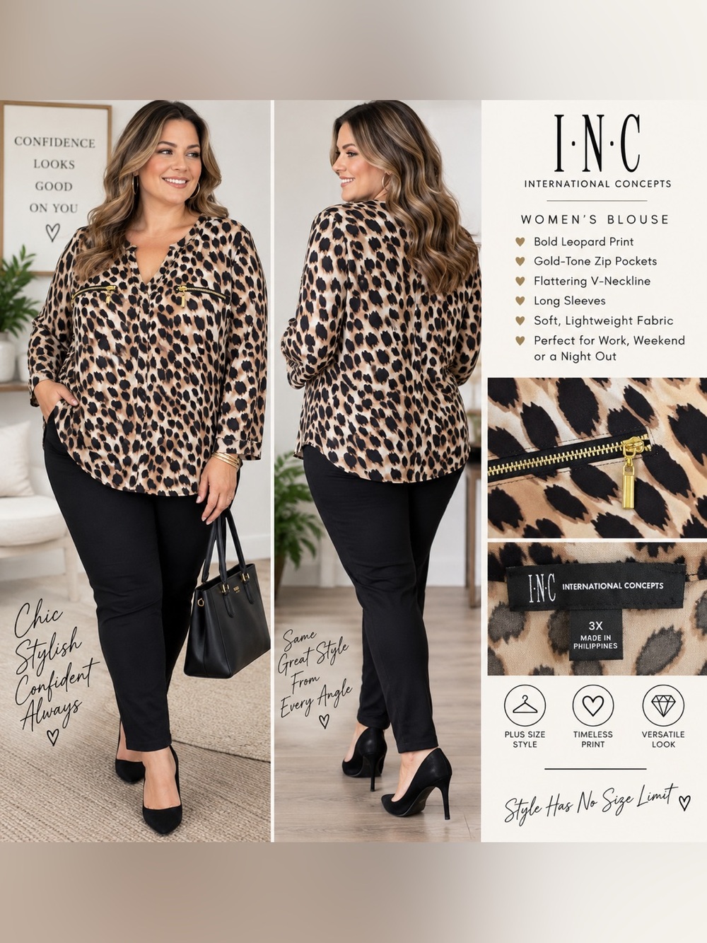 INC International Concepts Leopard Print Blouse 3X Gold Zip Pockets